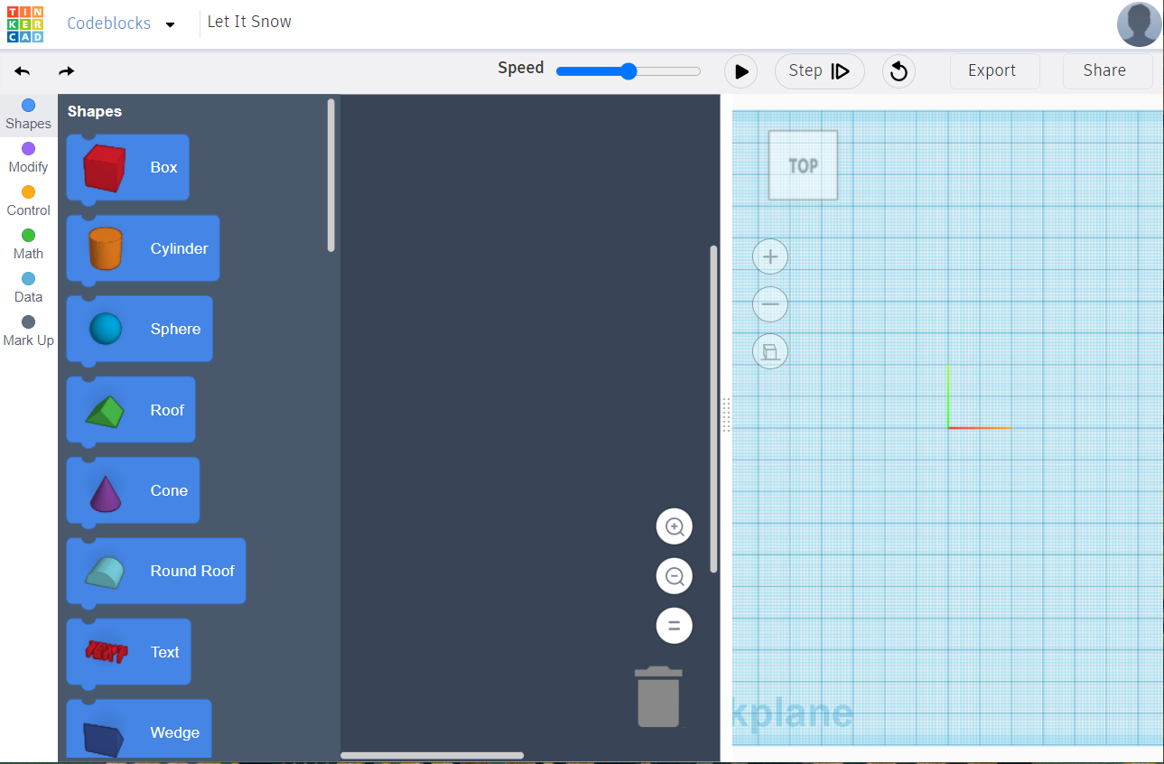 screenshot of the Tinkercad editor, with the title Let It Snow, in Top view and Flat View